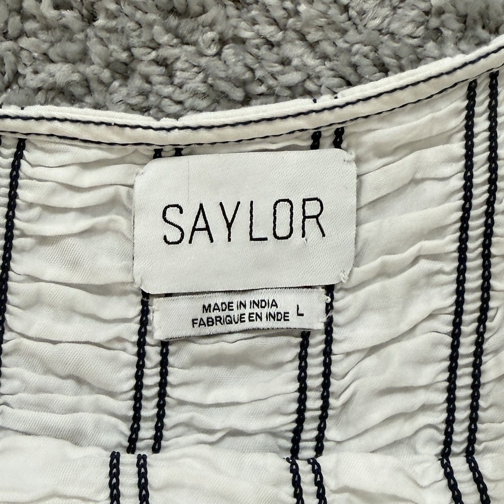 Saylor Adalene Midi Dress L Pinstripe Euro Summer Chic Beachy Smocked Clean Girl - Picture 2 of 13